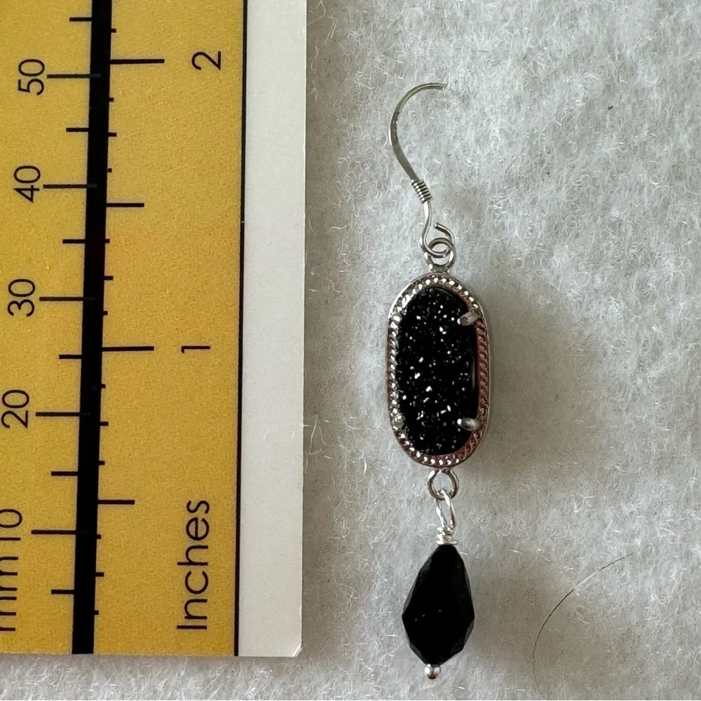925 Sterling Silver Black Druzy Gemstone and Crystal Drop Earrings NEW